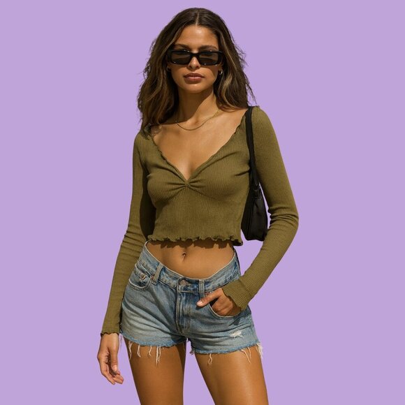 Urban Outfitters Olive Green Ribbed Long Sleeve Crop Top (Size M) - Picture 1 of 8